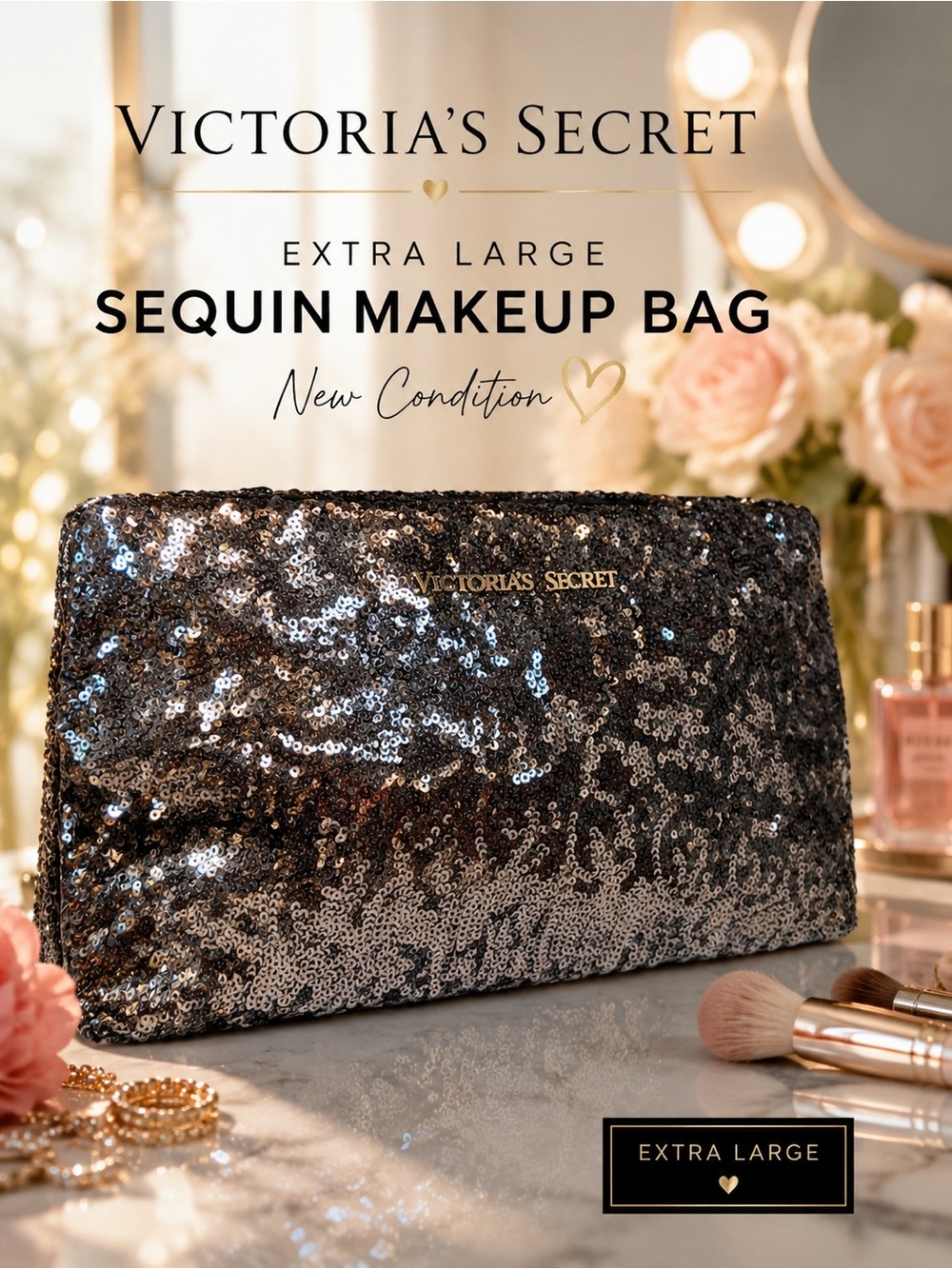 Victoria’s Secret XL Black Sequin Makeup Bag Cosmetic Case Travel Pouch New